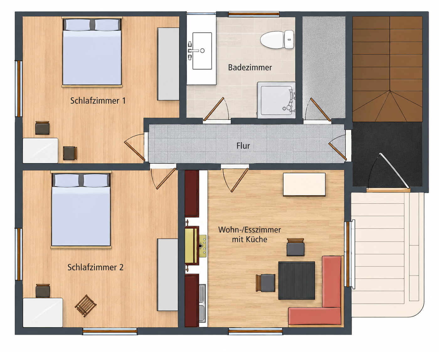 Grundriss der Ferienwohnung Astra: Schlafzimmer 14,391 m², Bad 7,65 m², kleiner Raum 3,093 m², Gang/Raum 5,865 m², zweites Schlafzimmer 5,677 m², Küche 15,991 m², sowie Treppenhaus